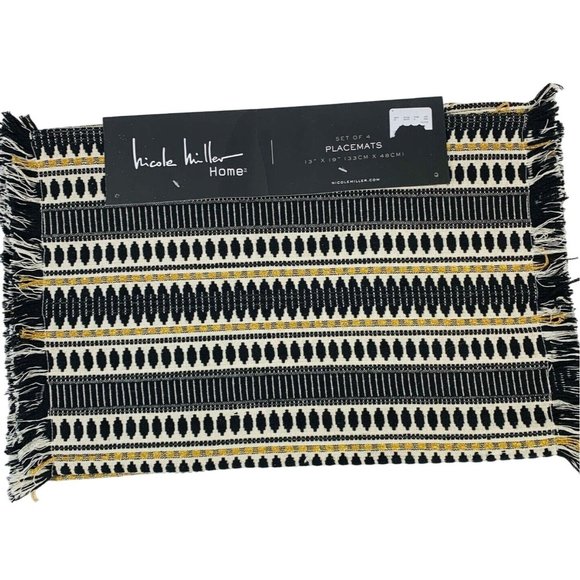 Boho Chic Set Of 4 Nicole Miller Rectangle Placemats Aztec Pattern Fringe Black - Picture 2 of 11